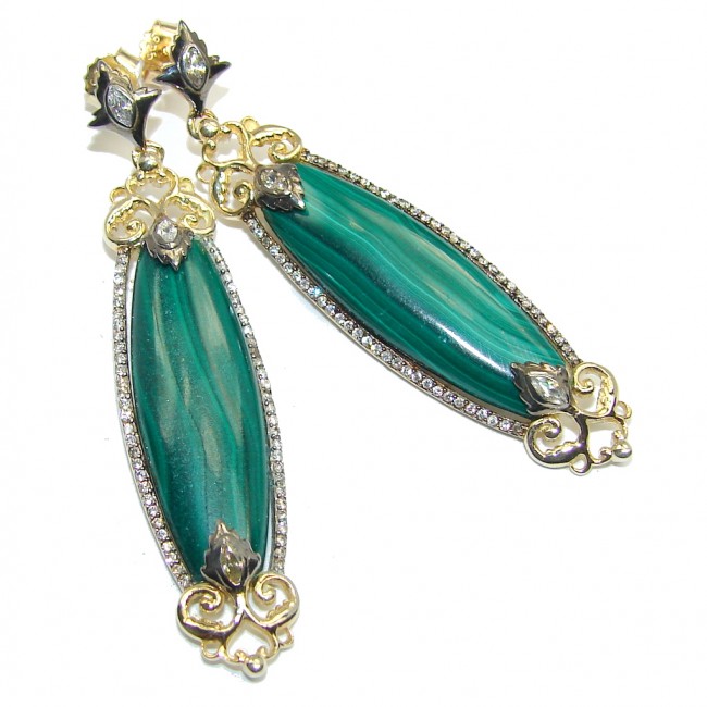 New Amazing Design AAA Green Malachite, Two Tones Sterling Silver earrings / Long