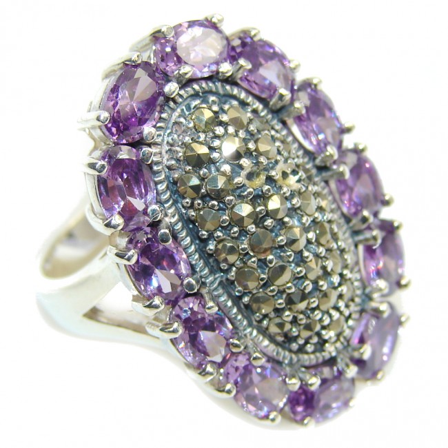 Big! Fancy Purple Amethyst & Marcasite Sterling Silver ring s. 8