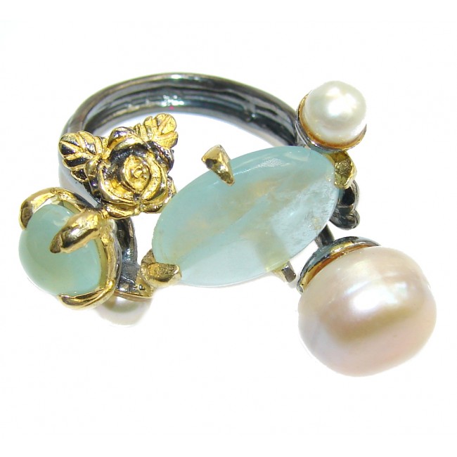 Genuine Green Moss Prehnite & Fresh Water Pearl, Gold Plated, Rhodium Plated Sterling Silver ring; s. 9