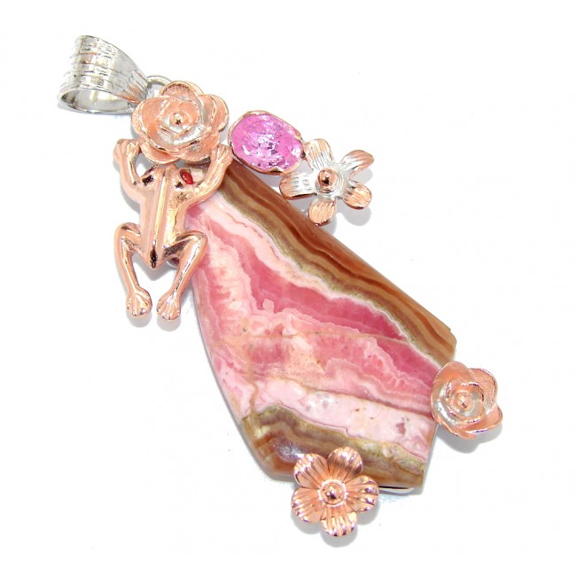 Golden Frog AAA Pink Rhodochrosite, Rose Gold Plated Sterling Silver Pendant