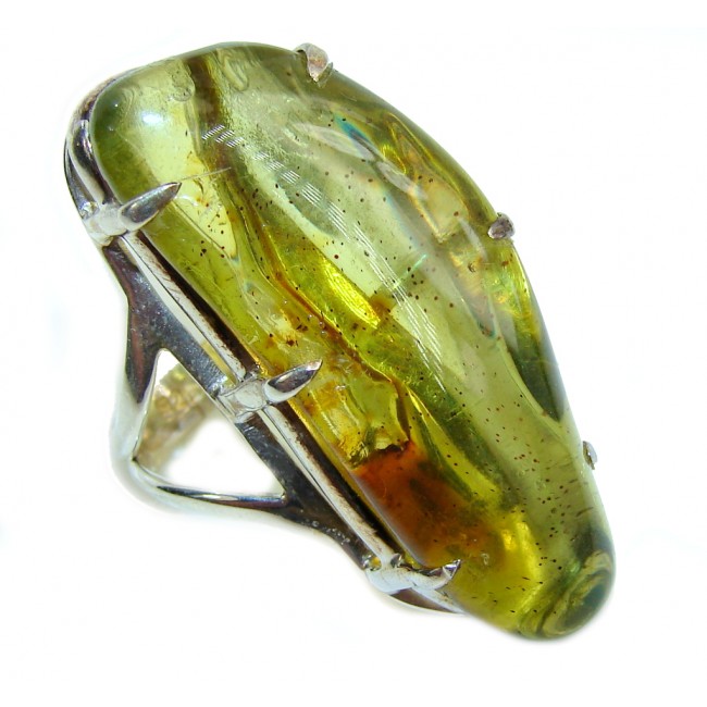 Big! Genuine AAA Green Polish Amber Sterling Silver Ring s. 6 1/2