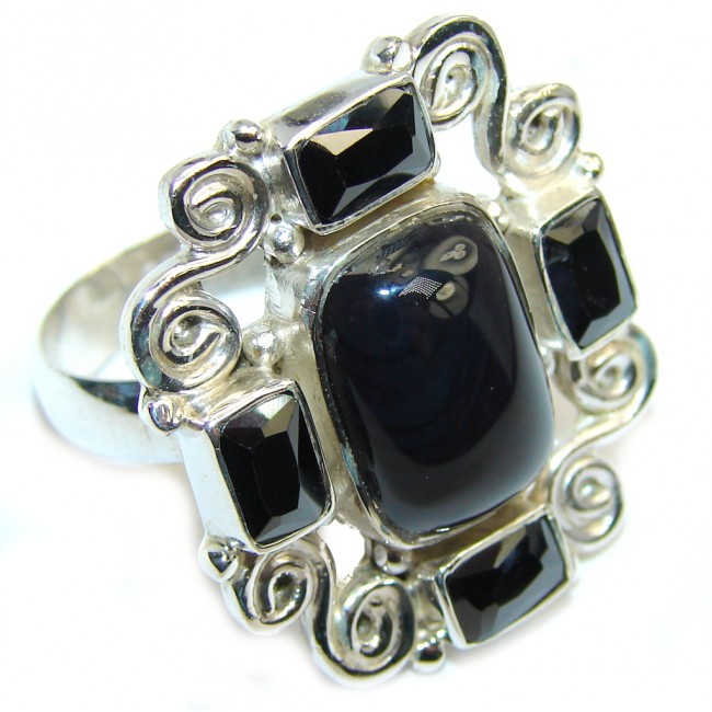 Amazing AAA Black Onyx & Hematite Sterling Silver ring s. 8