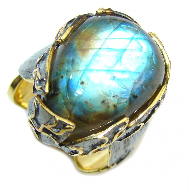 Natural AAA Fire Labradorite, Gold Plated, Rhodium Plated Sterling Silver ring s. 8 1/4