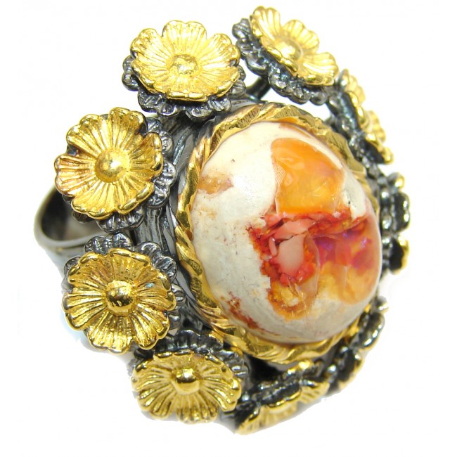Big! Incredible Mexican Fire Opal, Gold Plated, Rhodium Plated Sterling Silver Ring s. 8