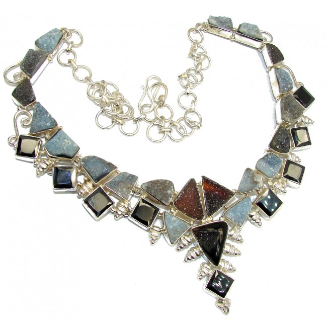 Aura Of Beauty! Multicolor Druzy Agate & Hematite Sterling Silver necklace
