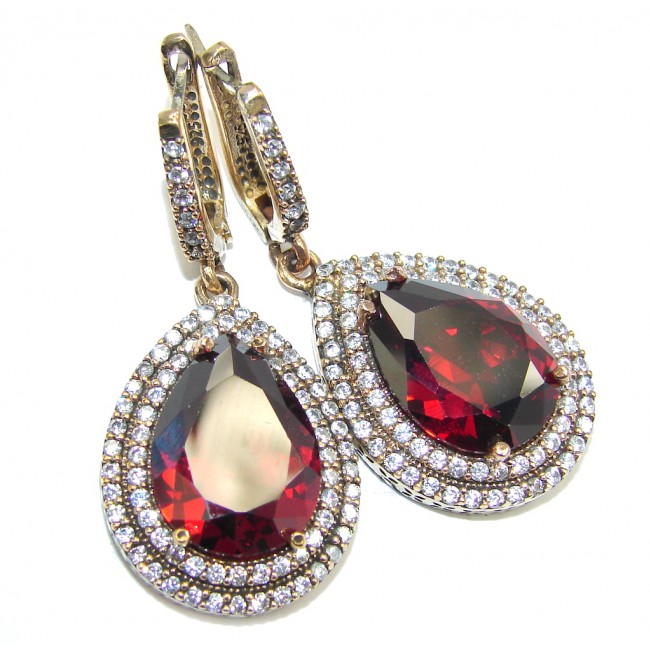 Big! Victorian Style Created Red Garnet & White Topaz Sterling Silver earrings