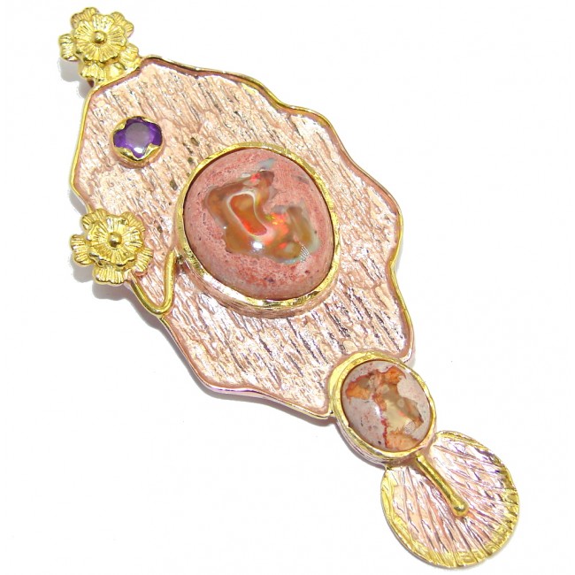 Natural Mexican Fire Opal Handcrafted Gold over Sterling Silver Pendant