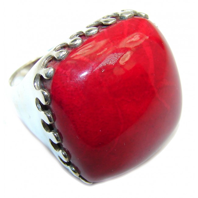 Big Love Power Red Fossilized Coral Sterling Silver ring s. 8
