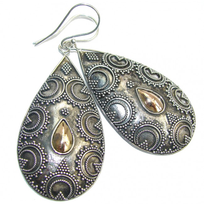 Very long Exotic Design Copper plated over Oxidized Sterling Silver earrings