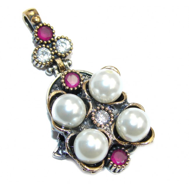 Perfect created Ruby & White Pearl Sterling Silver Pendant
