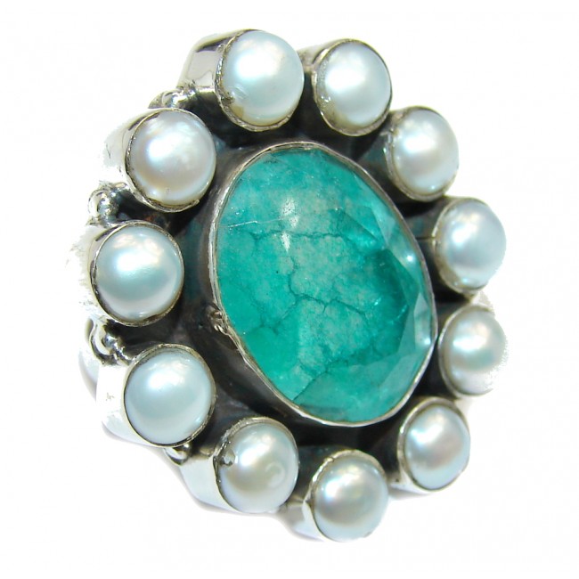 Green Emerald Pearl Sterling Silver Ring s. 7 1/4