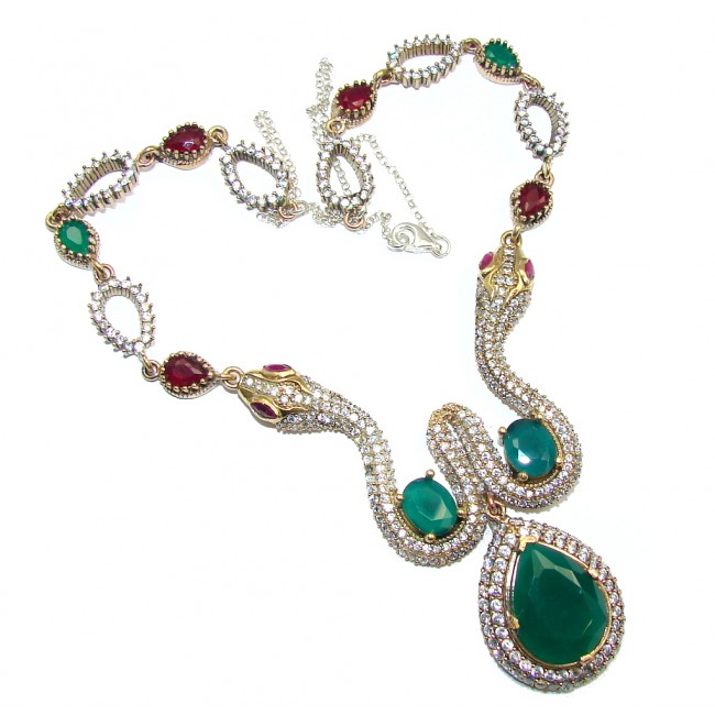 Victorian Style Snakes Green Emerald & White Topaz Sterling Silver necklace