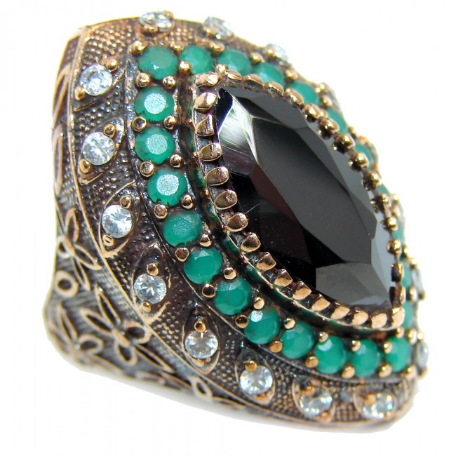 Victorian Style Onyx & White Topaz Sterling Silver ring; s. 6