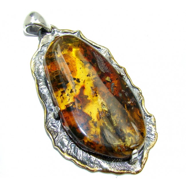 Big Genuine AAA Baltic Polish Amber Two Tones Sterling Silver Pendant