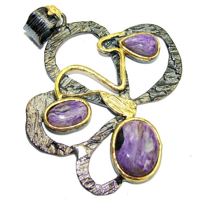 Abstract Purple Siberian Charoite Gold Rhodium Plated over Sterling Silver Pendant