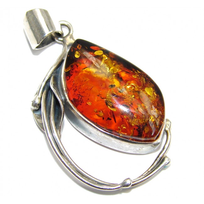 Simple Floral Design Baltic Amber Sterling Silver Pendant