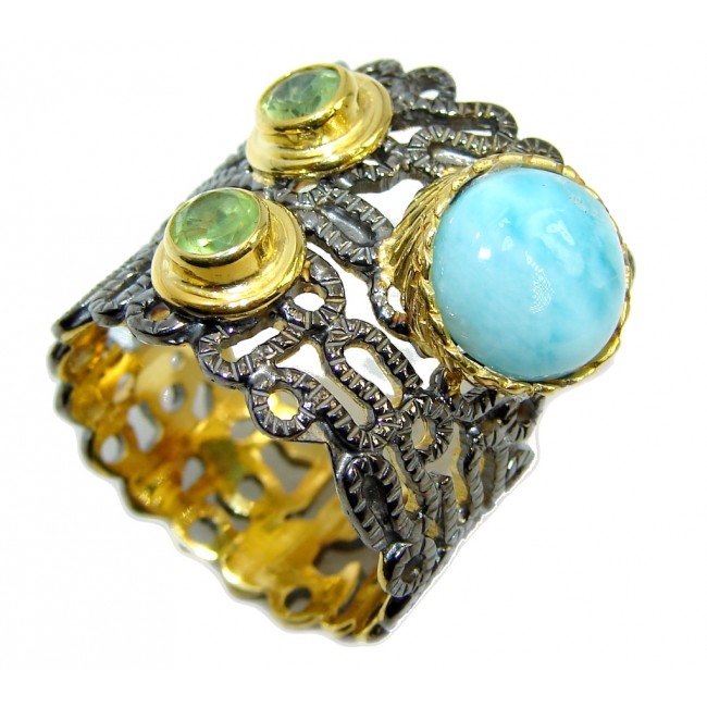 Big Genuine AAA Blue Larimar Gold & Rhodium over Sterling Silver Ring s. 8