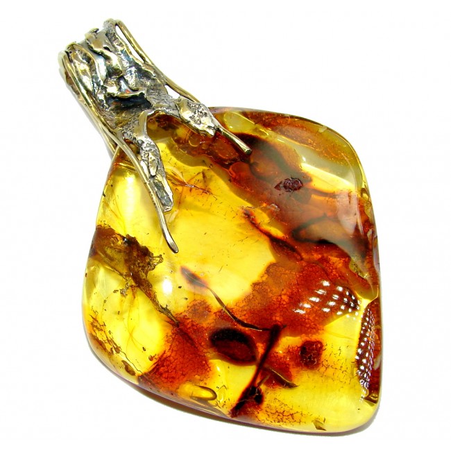 Twilight Zone Prehistoric Golden natural Baltic Amber Two tones Sterling Silver Pendant