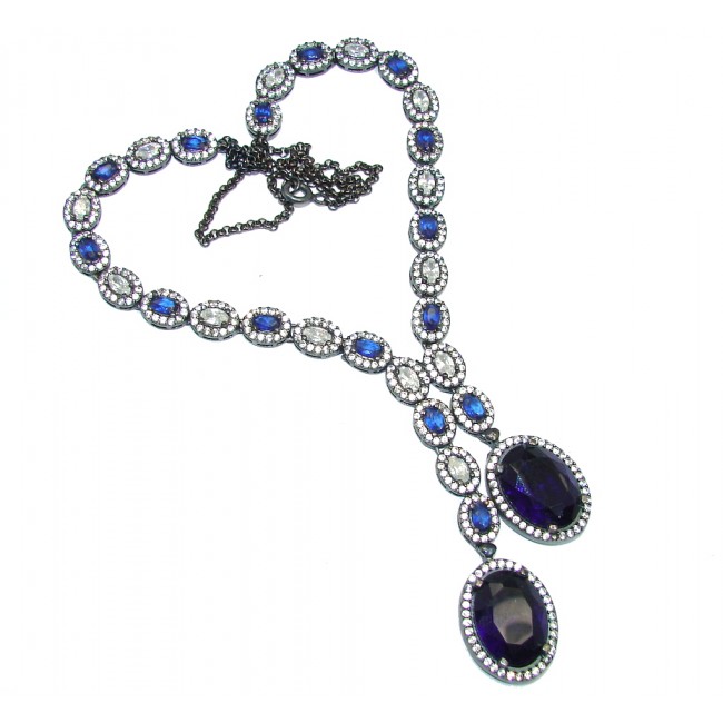 Elegant Victorian Style created Sapphire Ruby & White Topaz Sterling Silver necklace