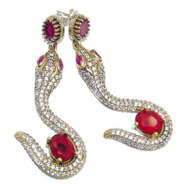 Victorian Style Snakes created Red Ruby & White Topaz Sterling Silver earrings