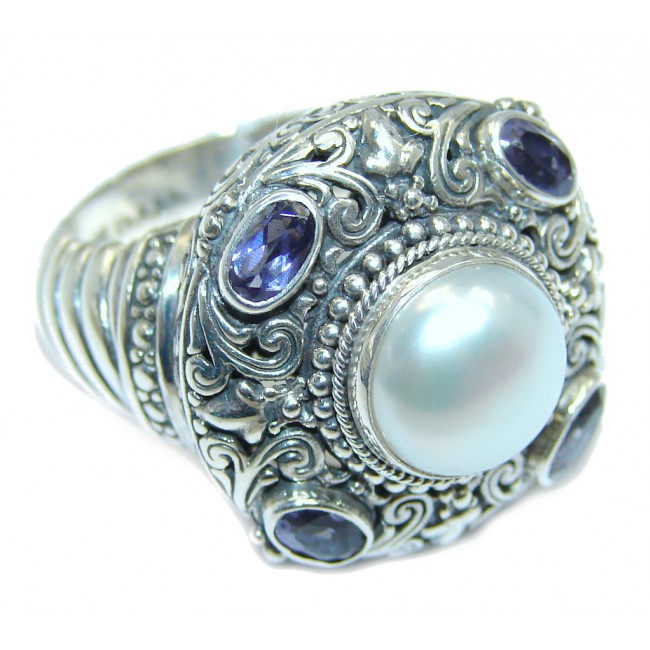 Rich Design Pearl Tanzanite Bali made Sterling Silver ring s. 7