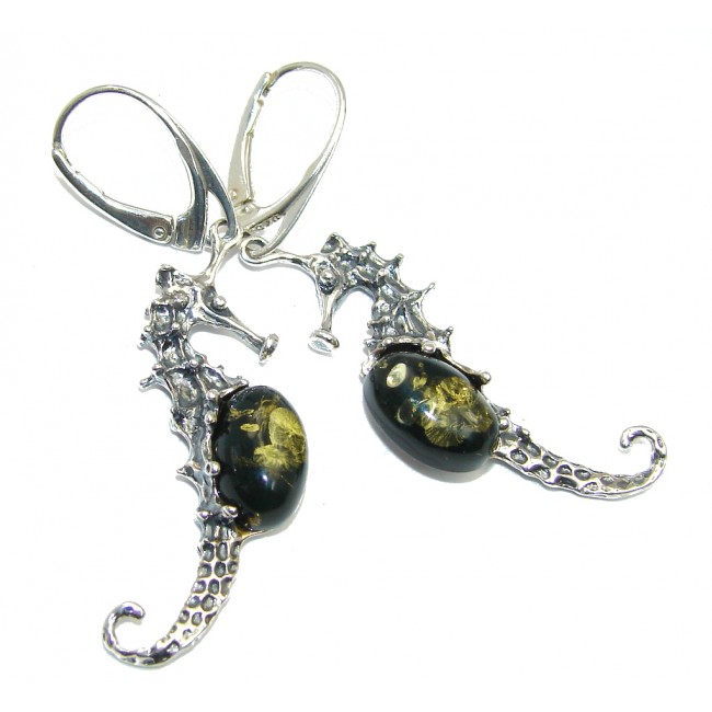 Beautiful Seahorses Green Amber Sterling Silver earrings