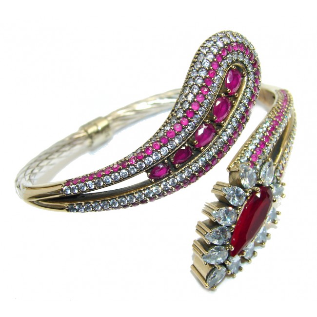 Victorian Style Pink Ruby & White Topaz Sterling Silver Bracelet / Cuff