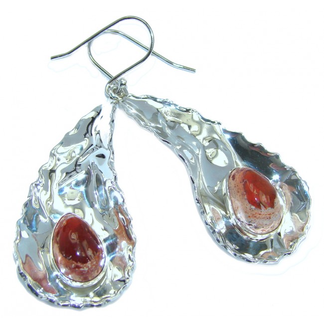 Long Orange Mexican Fire Opal hammered Sterling Silver earrings