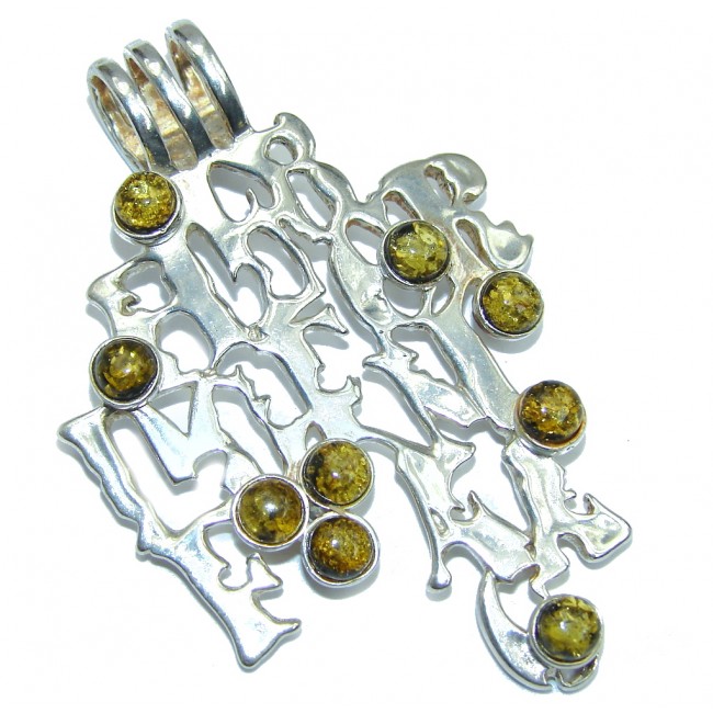 Unique Design Green natural Baltic Amber Sterling Silver Pendant