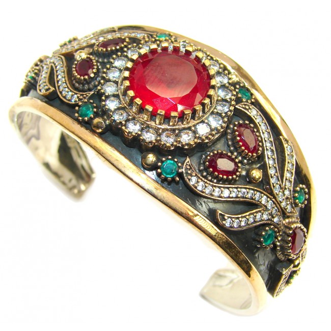 Victorian Style Created Red Ruby & White Topaz Copper over Sterling Silver Bracelet / Cuff
