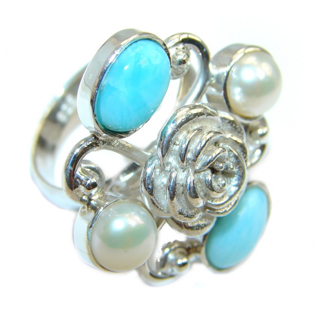 Genuine Blue Larimar Pearl Sterling Silver handmade Ring size 7 1/4