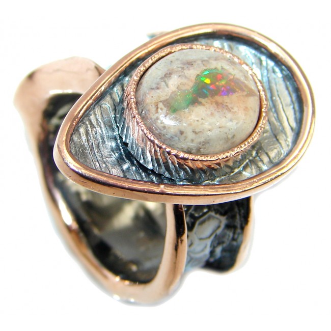 Genuine Mexican Fire Opal Rhodium Rose Gold plated over Sterling Silver Ring size adjustable