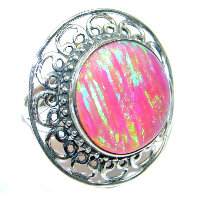Pink Lab created Fire Opal Sterling Silver Ring size adjustable