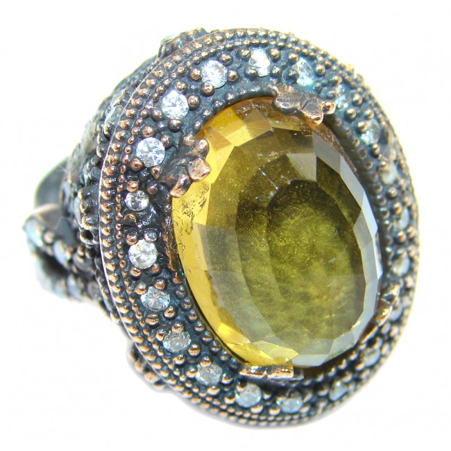 Large Victorian Style created Citrine & White Topaz Sterling Silver ring; s. 7