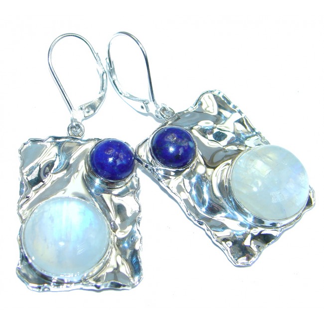 Perfect Blue Moonstone Lapis Lazuli hammered Sterling Silver earrings