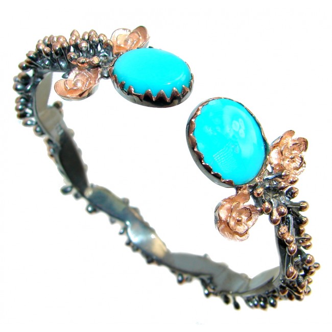 Genuine Sleeping Beauty Turquoise Two Tones Sterling Silver Bracelet / Cuff