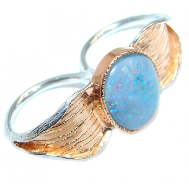 Blue Doublet Fire Opal Gold plated over Sterling Silver two fingers Ring size 8