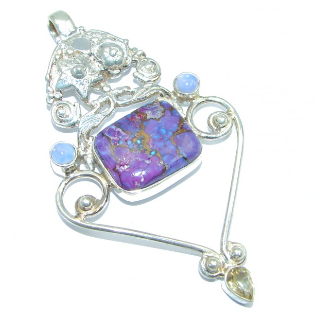 Oriental Design Genuine Purple Turquoise Sterling Silver handmade Pendant
