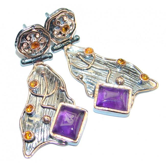 Flawless Amethyst Sapphire Rose Gold plated over Sterling Silver entirely handmade earrings