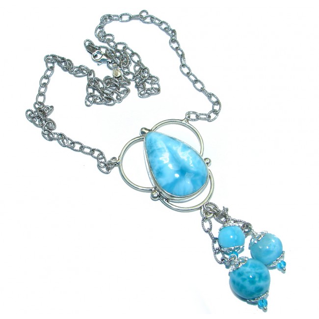 Great Masterpiece Natural Blue Larimar Blue Topaz Oxidized Sterling Silver handmade necklace