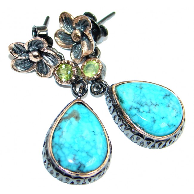 Genuine Blue Turquoise Peridot Two Tones Sterling Silver handmade stud earrings