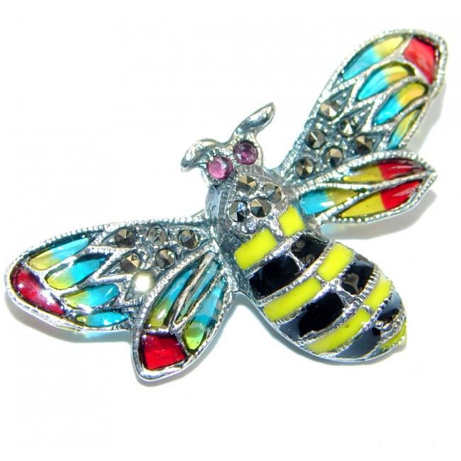 Awesome Natural Red Pink Ruby Marcasite 925 Sterling Silver Enamel Bee Brooch
