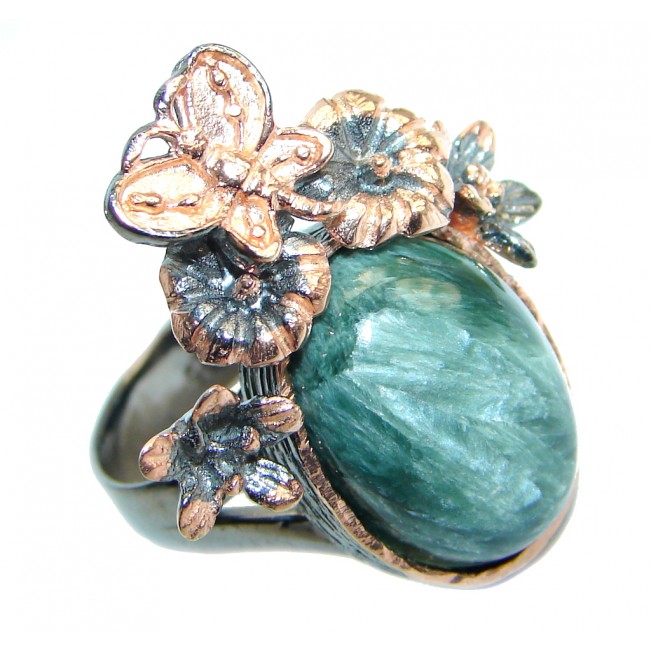 Huge great quality Green Seraphinite Rose Gold plated Sterling Silver Ring size 8