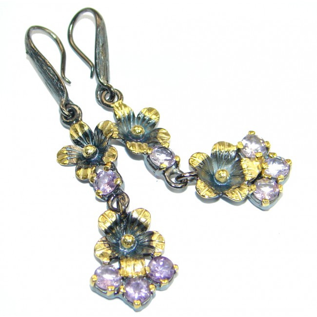 Floral design Natural Amethyst gold plated over Sterling Silver handmade earrings