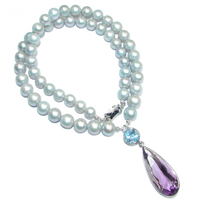 Ravishing Amethyst Pearl Sky Blue Topaz 925 Sterling Silver Necklace 18 Inches long