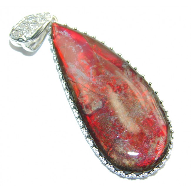 Red Aura Natural Canadian Ammolite hammered Sterling Silver handmade Pendant