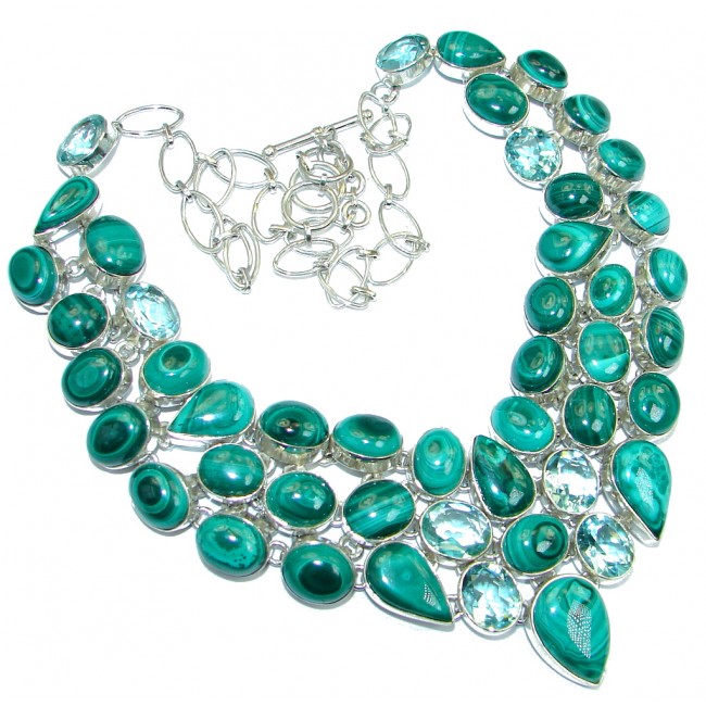 Huge Aura Of Beauty Green Malachite lab. Aquamarie Sterling Silver handcrafted necklace