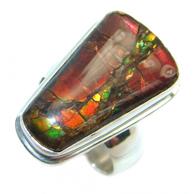 Twilight Zone Fire Genuine Canadian Ammolite Sterling Silver handmade ring size 7 adjustable