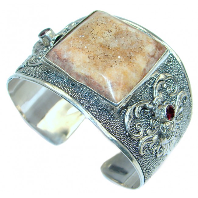 Large Floral Design Agate Druzy Garnet handcrafted Sterling Silver Bracelet / Cuff