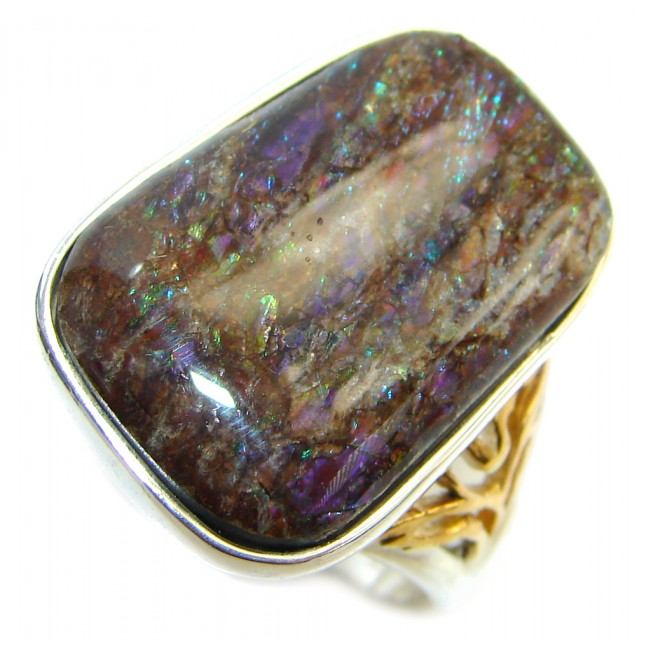 Twilight Zone Fire Genuine Canadian Ammolite Gold plated over .925 Sterling Silver handmade ring size 7 1/2